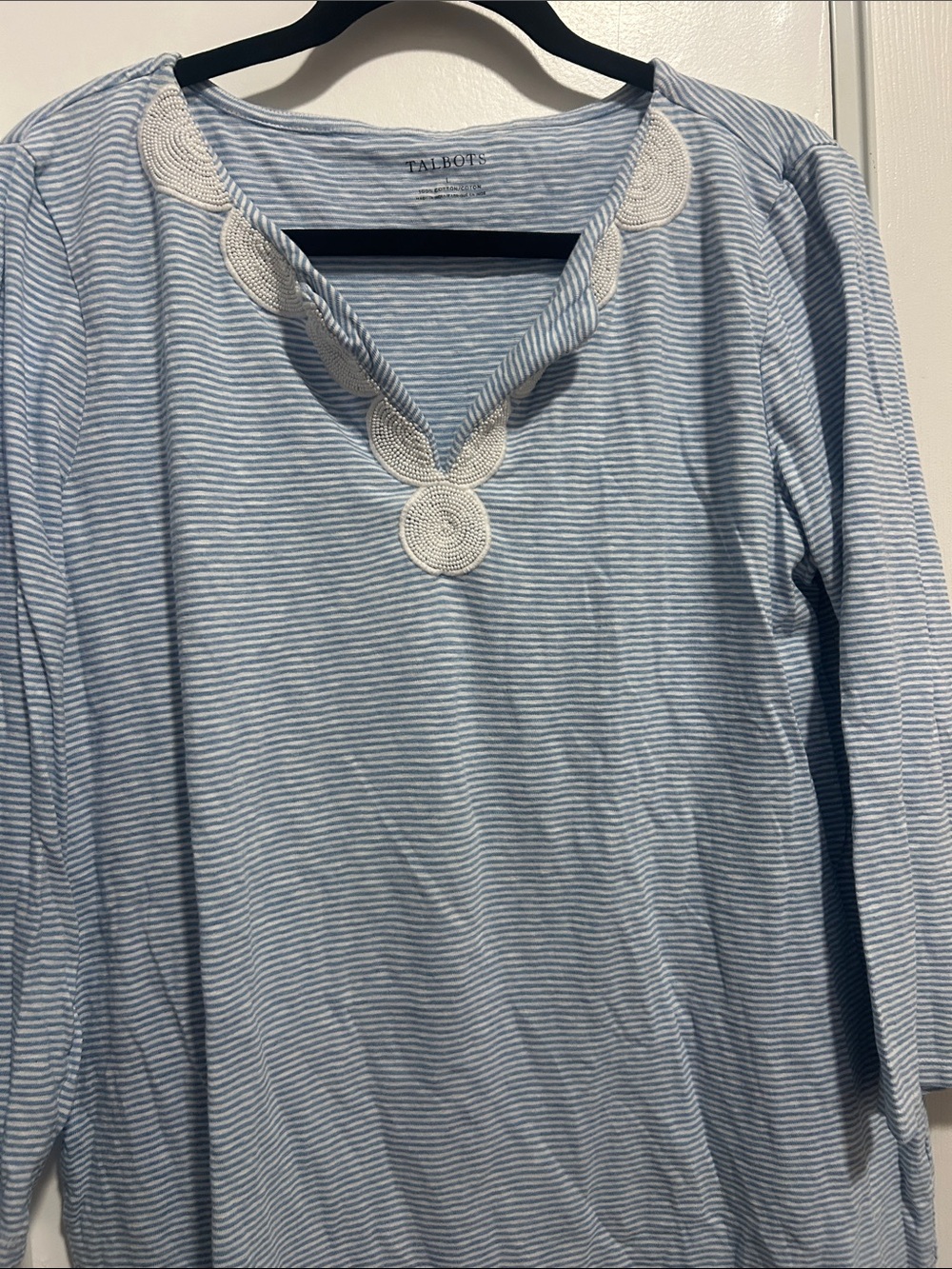 Talbots Blue and White Striped Long-Sleeve Top with Crochet Medallion Trim